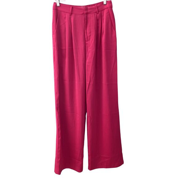 Olia Pleated Wide Leg Satin Trousers - Pink Fuchsia - Medium - Picture 1 of 7